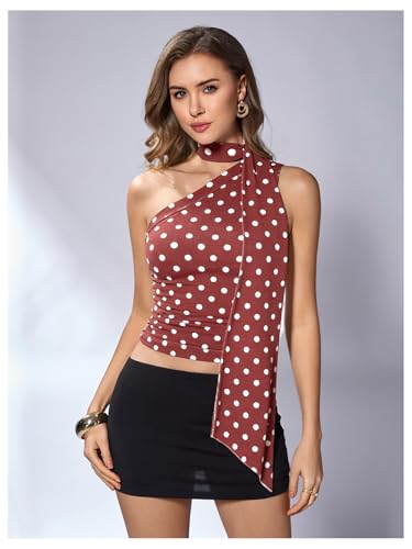Image of RoseSeek Women's Y2K Leopard Polka Dots Halter Asymmetrical Neck Crop Tops | One Shoulder, Slim Fit, Sleeveless, Cheetah Print, Summer Tops, Scarf Tops, Party, Going Out Tops