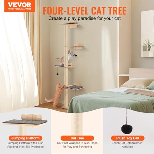 VEVOR 4 Tier Cat Tree Set with Jumping Boards, Wall-Mounted Floating Shelf, Pine Wood Perch for Sleeping, Playing, Climbing