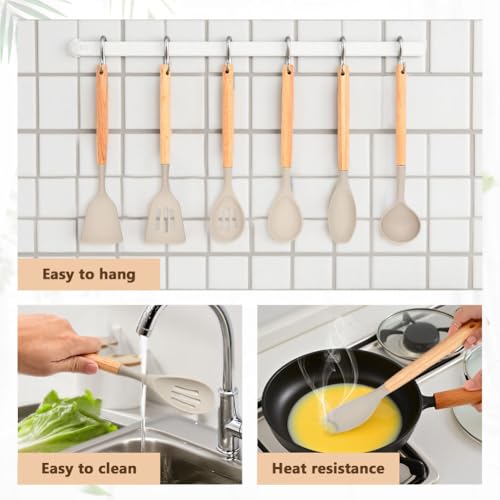 Küchenhelfer Set, Silikon Küchenutensilien Set, Antihaft Hitzebeständiger Holzgriff Kochbesteck mit Utensilienhalter, Spachtel Set, Kochlöffel,12-teilig(Khaki)