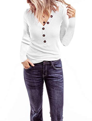 Minthunter Women's Long Sleeve V Neck Shirts Ribbed Basic Henley Tops with Buttons White