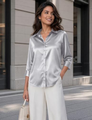 Image of Zeagoo Womens Satin Blouses Button Down Shirts 3 /4 Sleeve Dressy Tops S-2XL