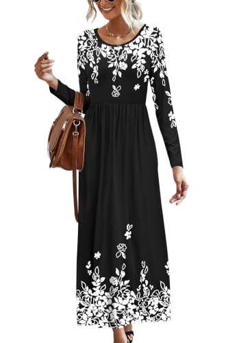 Image of AUSELILY Womens Long Sleeve Maxi Dress Casual Empire Waist with Pockets | Versatile year round long dress for spring, fall, winter, available in floral prints and solids