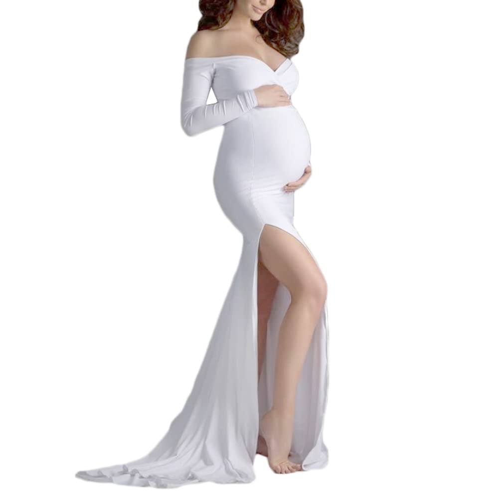 YAOTT Zwangerschap Jurk Elegante Zwangerschaps Fotografie Jurk Voor Zwangere Vrouwen Lange Mouw Off Shoulder Side Slit Maxi Lange Bruiloft Avondjurken Baby Douche Foto Shoot, Kleur: wit, M