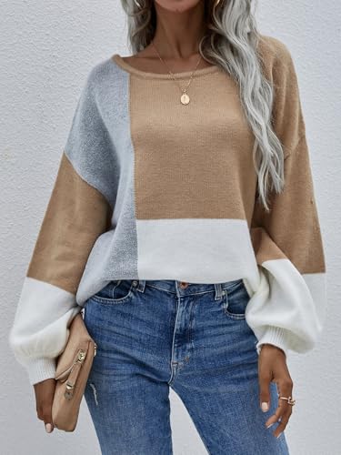 Image of ECOWISH Women Sweater Long Sleeve Color Block Knit Pullover Sweaters Crew Neck Patchwork Casual Loose Jumper Tops