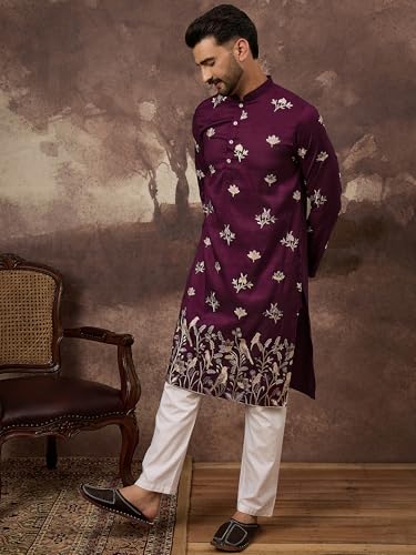 Image of Men's Calf Length Silk Blend Embroidered Solid Kurtas | Men | Kurtas for Mens | Straight Fit Kurta for Men's