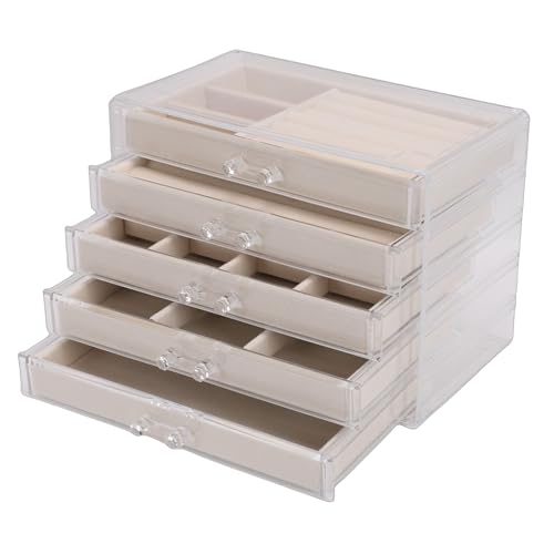 Sorandy Caja Organizadora de Joyas con 5 Cajones Extraíbles, Elegante Bandeja Transparente Forrada de Terciopelo para Pendientes, Vitrina para Anillos, Collares, Pulseras y Pendientes (Beige)