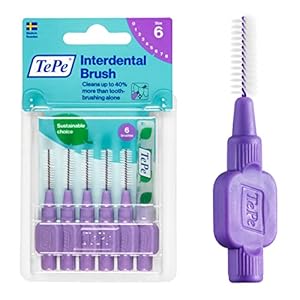TEPE Interdental Brush Original, Soft Dental Brush for Teeth Cleaning, Pack of 6, 1.1 mm, Large Gaps, Purple, Size 6