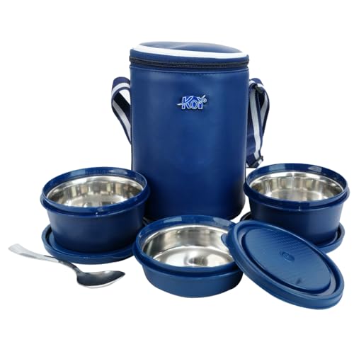 Image of KOI Insulated Lunch Box Set | 3 Inside Steel Containers (290ml, 450ml, 600ml) with BPA Free Lids | Leakproof Microwave Safe Tiffin | Adjustable Shoulder Strap Lunch Bag for Office Travel Use (Blue)