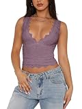 REORIA Womens Summer Tops Sexy V-Neck Sleeveless Double Lined Fashion Going Out Y2K Tank Tops Trendy Lace Slimming Crop Tops for Teen Girls Grey Purple Medium