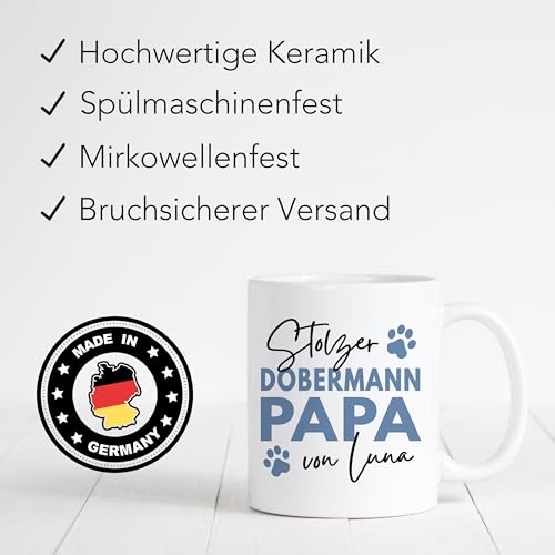 Dobermann Tasse Hund personalisiert Tasse mit Namen Hundepapa Geschenk Hundebesitzer Hunde Hundetasse Kaffeetasse aus Keramik 330 ml