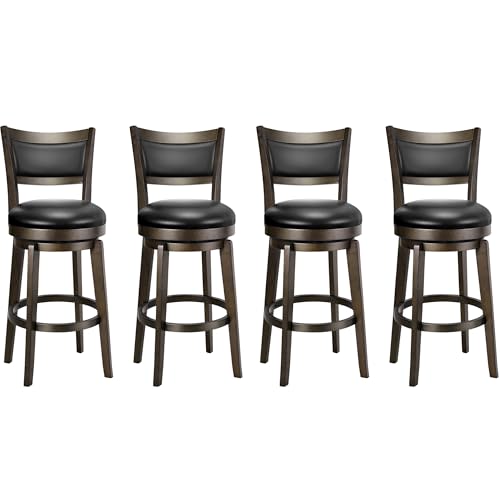 Set of 4 Swivel Bar Stools, 26 Inch Counter Height, Black Faux Leather, High Backrest & Wood Legs.