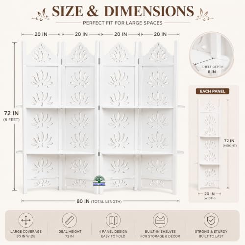 Image of Wooden Room Divider Partition with Display Shelves for Living Room | Foldable 4 Panel Decorative Privacy Screen Separator for Home, Office & Bedroom | (White with Shelves)