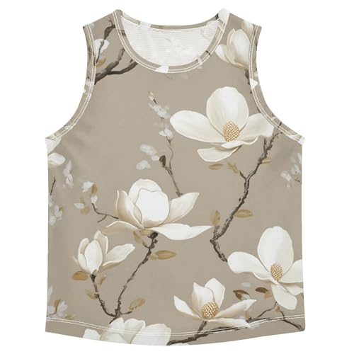 susiyo White Magnolia Flowers on Beige Boys Sleeveless Tank Top Girls Athletic T Shirt