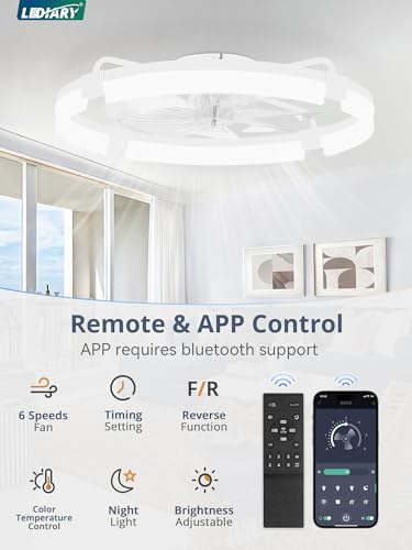 Image of LEDIARY 24 inch Ceiling Fans with Lights and Remote, Modern Low Profile Ceiling Fan, 3 CCT, Stepless Dimmable, Fandelier Flush Mount Fan Light, 6 Speeds, DC Motor, App & Remote Control for Bedroom(White)
