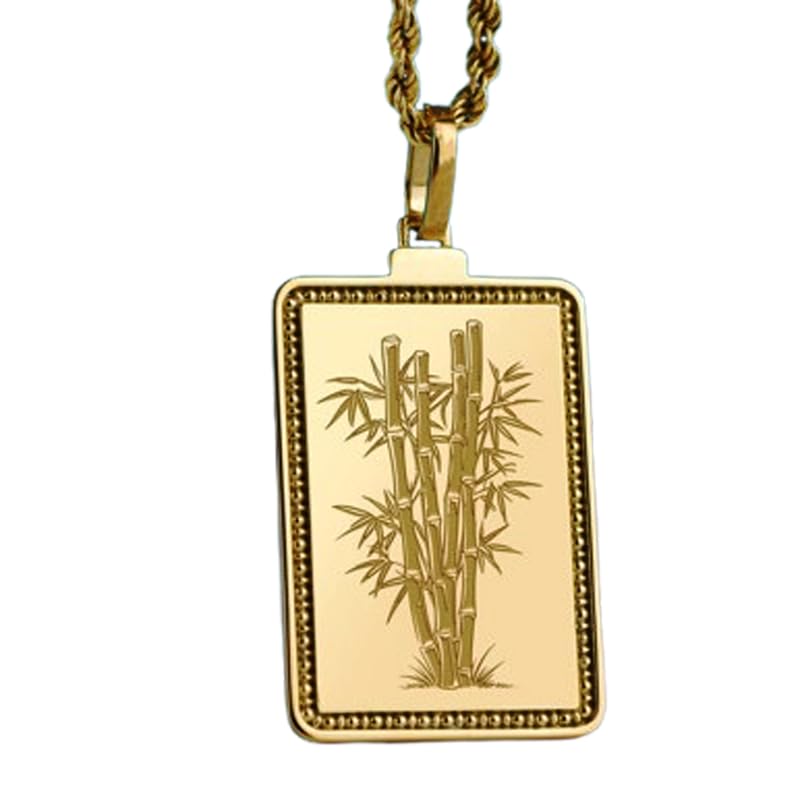 Collier pendentif rectangulaire argent 925 plaqué or gravure bambou 45.7cm