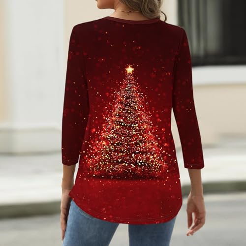 Image of Women Christmas Shirt 3 /4 Length Sleeve Henley Tops Xmas Outfits
