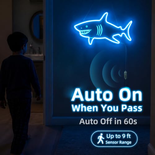 Image of Welltodo Shark Neon Sign, Motion Sensor Auto On /Off Neon Light Sign with 3-Key Dimmable Dual Mode, Safe Acrylic Flexible LED Shark Night Light, USB Powered Wall Decor Neon Signs for Bedroom Room Bathroom Party Shark Gifts