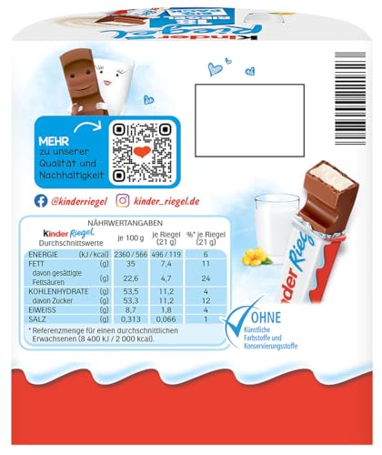 Kinder Riegel - 18 Einzelriegel, einzeln verpackte Schokoriegel, zartschmelzende Vollmilchschokolade mit Milchcremefüllung, ohne Farb- und Konservierungsstoffe – 378g 6