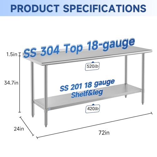 Image of ROCKPOINT SS 304 Top All Stainless Steel Table for Prep & Work with Backsplash 24x72 Inches, NSF Commercial Kitchen Heavy Duty Table with Adjustable Undershelf for Restaurant,Kitchen, Home and Hotel