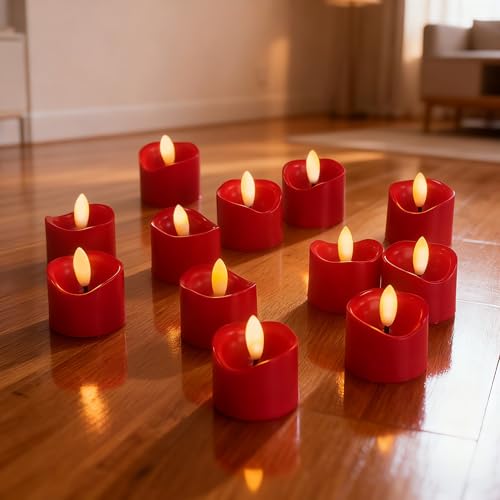 Image of CANDLE CHOICE Battery Operated Flameless Tea Lights Realistic Black Wick Bright Flickering LED Tealight Votive Candles Wedding Party Table Halloween Christmas Decorations Batteries Incl. 12 Pack Red