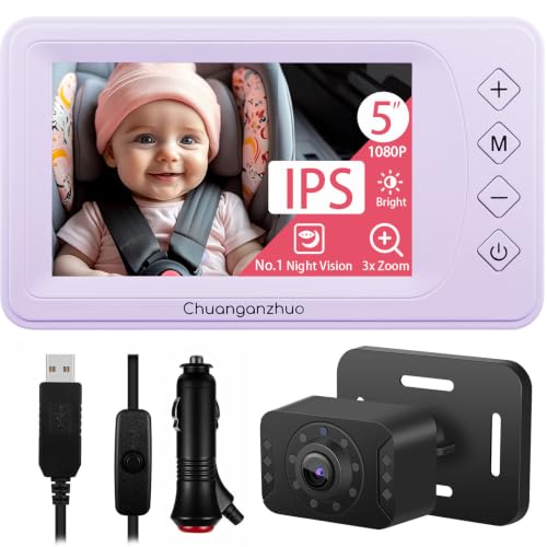 Image of Baby Car Camera with Advanced Crystal-Clear Night Vision, 3X Zoom, USB Powered, 5'' AHD 1080P IPS Car Baby Monitor, Backseat Camera for Kids Infants Rear Facing Mirror, 5inch, Purple