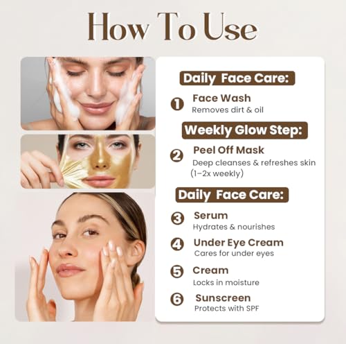 Image of Glamveda Glutathione 6-Step Skincare Kit | Face Wash, Peel-Off Mask, Serum, Cream, Sunscreen & Under Eye Cream | Skin Brightening Routine for Even-Toned & Radiant-Looking Skin
