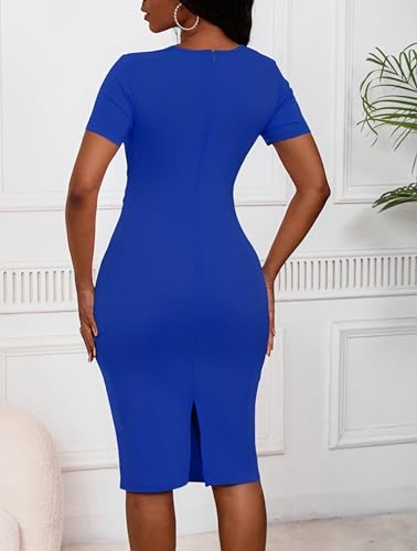 Women's Round Neck Short Sleeve Warp Ruched Tie Waist Ruffle Pencil Bodycon Midi Dress4