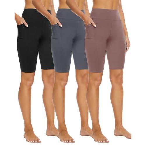 3 Pack Biker Shorts with Pockets for Women – 8"/5" High Waisted Tummy Control Workout Spandex Shorts for Gym Yoga 8 IN Small-Medium Black/Dark Grey/Rosy Brown