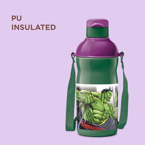 Image of Milton Marvel Kool Elite 400 Insulated Water Bottle for School Kids I Food Grade, Leak Proof Flip Top Lid, Easy to Carry Loop, Insulated Thermo Sipper Bottle for Kids, 426 ml, Dark Green (Hulk Print)