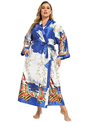 Image of Women's Floral Long Satin Robes Plus Size Long Silk Robes Peacock Floral Kimonos Sleepwear Dressing Gown