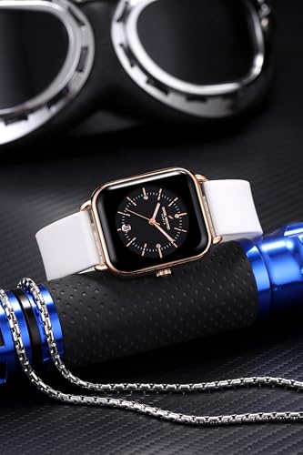 Image of Daniel Hechter Paris Lea Collection Watch for Women with Square Dial, Crystal and Rose Gold Markers, Date Display and Silicone Strap
