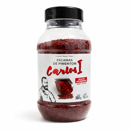 Escamas de pimiento ahumadas Dulces, smoked pepper flakes, Producido en Extremadura, Ideal para carnes, pescados, verduras asadas, pastas, pizzas, huevos y ensaladas, 1 bote de 350 gr