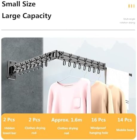 Clothes Drying Rack Wall Mount, Foldable Laundry Drying Rack with 180° Swivel Hidden Towel Bar, Bi-Fold Wall Mounted Drying Racks for Laundry, Bathroom, Utility Room, Be