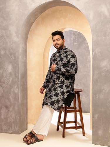 Image of SOJANYA Plus (Since 1958) Men's Printed Cotton Linen Kurta With White Pyjama