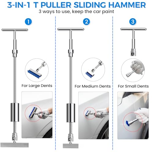 polisak 134Pcs Car Dent Puller Kit, Paintless Dent Removal Tool Kit with 3 in 1 T-bar Slide Hammer & Bridge Puller & Golden Lifter, Dent Repair Kit for Car Hail Damage Large Small Dent Fast Removal