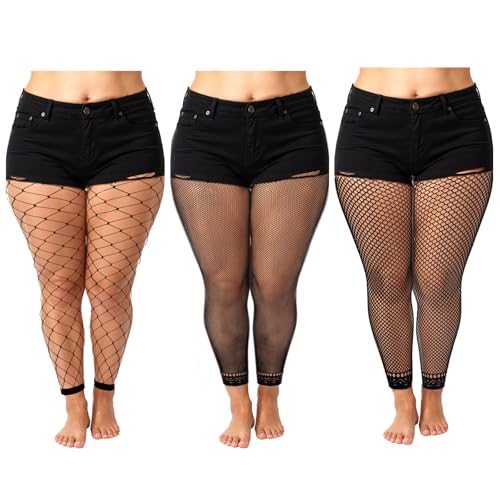 3 Pairs Women's Plus Size Fishnet Stockings, High Waist Stretchy Footless Tights, Black Pantyhose For Daily XL-4XL