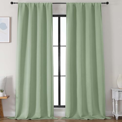 Image of Simplebrand Ava Light Green Blackout Curtains for Bedroom 96 Inches Long 2 Panels, Solid Thermal Insulated, Energy Saving Nursery Window Treatment Curtains Blackout Drapes, W50 x L96 Inch, Light Green