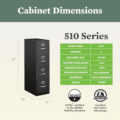 Image of HON 4 Drawer Vertical File Cabinet with Lock, Metal Filing Cabinets with 4-Drawers for Hanging Files and Letter Files, 25 inch Deep, Black
