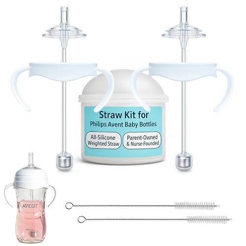 Image of Straw Cup Conversion Kit for Philips Avent Natural Baby Bottles 2-Count, Food Grade Silicone Straw Nipples and Weighted Straw, Bottle Handles, Cleaning Brush, BPA-Free, Sippy Transition, 6+ Months