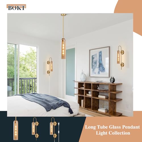 Image of BOKT 1 Light Modern Amber Glass Wall Sconce 31 inch Mid Century Brushed Brass Tube Wall Sconces Lighting Gold Wall Mounted Light Fixture Indoor Bathroom Vanity Wall Lamp for Bedroom Living Room (Amber)