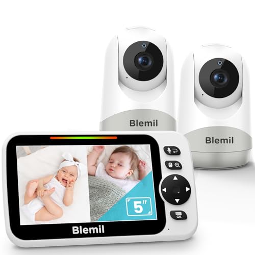 Blemil Upgrade Baby Monitor with 30-Hour Battery, 5' Large Split-Screen Video Baby Monitor with 2...