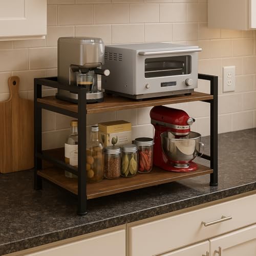 Image of HOME CUBE 2-Tier Metal Storage Shelf with Wooden Shelves, Kitchen Countertop Organizer Rack, Microwave Stand, Standing Shelf Units, Multipurpose Storage Rack for Living Room, Office, Garage, Shops