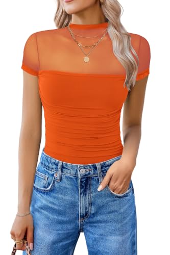 Image of Avidlove Women's Short Sleeve Bodysuit Turtle Neck Body Suits Mesh One Piece Leotard Going Out Tops Date Outfits