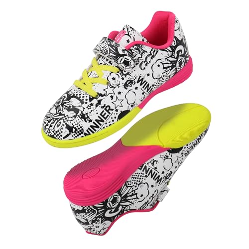brooman Kids Indoor Soccer Shoes Boys Girls Futsal Soccer Shoes (1,Yellow/Pink)