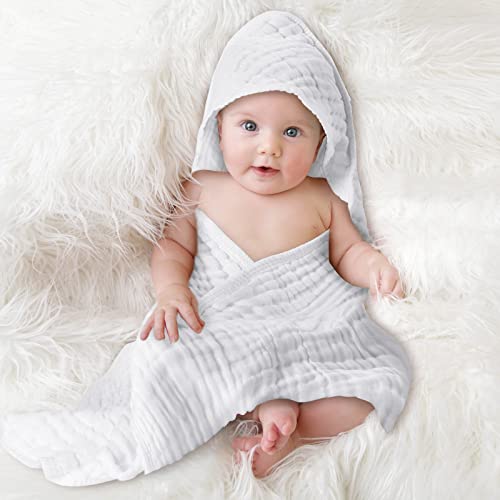 Muslin Cotton Hooded Baby Bath Towel Sets Large 32 X 32 Inch Soft Unisex Bath Towels Bulk For Babies, Toddler, Infant, Newborn, Baby Gifts For Girl Boy (White, 4 Pieces) #TOP4