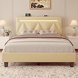 E-Motie Full Size Bed Frame with LED Light, Upholstered PU Leather Bed, Charging Station, Bluetooth Speaker, Adjustable Headboard, Solid Wood Slats Support, Easy Assembly, No Box Spring Needed, Beige