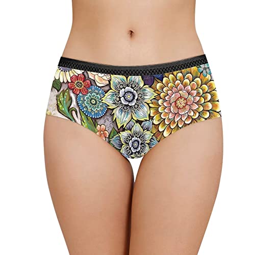Yexiatodo Hippie Floral Girls Underwear 100% Cotton Underwear Women Ultra-Soft Cheeky Panties Underpants Comfort Students Girls Panties Size M (Black Edge) #TOP5