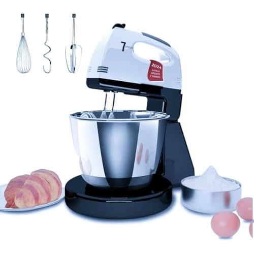Stand Mixers, 7 Speeds With 3QT Stainless Steel Bowl, Stand and Hand Mixer with Dough Hook, Whisk, Mixing Beater for Baking, Cake, Cookie, Kneading (SR1)