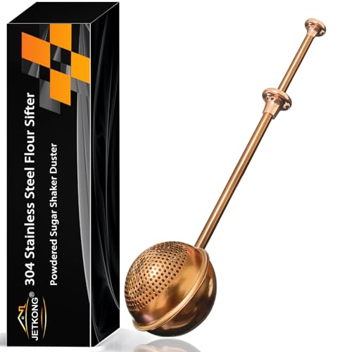 Image of JETKONG Large Flour Duster for Baking, One-Handed Operation Sugar Sifter, 304 Stainless Steel Dusting Wand, Flour Sprinkler for Bread Baking (Large, Brown)