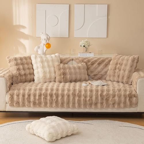 MERRYLIFE Thick Plush Faux Rabbit Fur Sofa Slipcovers 1-Piece Non-Slip Warm Soft Cozy Couch Covers Pillow Covers Furniture Protector(Coffee, Sofa Cushion 90 * 240cm)